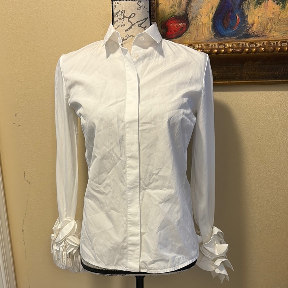 Valentino Rose cut statement long sleeve cotton button down fitted top